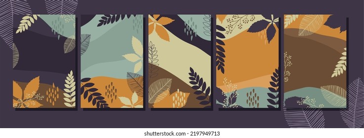 Vector set of abstract backgrounds with copy space for text - autumn sale - bright vibrant banners, posters, cover design templates, social media stories wallpapers with retro leaves