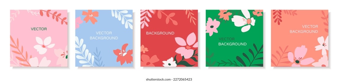 Vector set of abstract backgrounds with copy space for text - bright backgrounds, postcard cover design templates, social media wallpapers with spring leaves and flowers.