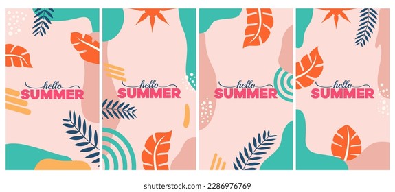 Vector set of abstract backgrounds with copy space for text - bright vibrant banners, posters, cover design templates, social media stories wallpapers with tropical leaves and plants