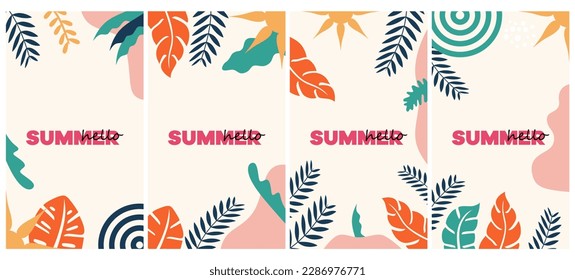 Vector set of abstract backgrounds with copy space for text - bright vibrant banners, posters, cover design templates, social media stories wallpapers with tropical leaves and plants