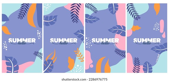 Vector set of abstract backgrounds with copy space for text - bright vibrant banners, posters, cover design templates, social media stories wallpapers with tropical leaves and plants