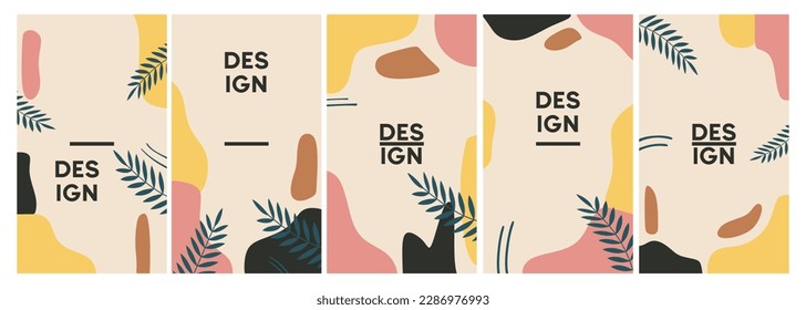 Vector set of abstract backgrounds with copy space for text - bright vibrant banners, posters, cover design templates, social media stories wallpapers with tropical leaves and plants