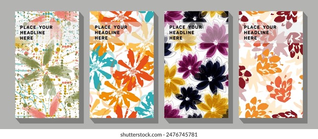 Vector set of abstract backgrounds with copy space for text - bright vibrant banners. Retro floral vector background surface design, textile, stationery, wrapping paper, covers.