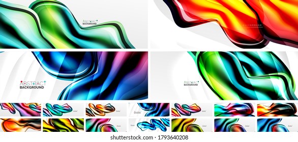 Vector set of abstract backgrounds, flowing liquid style geometric shapes with metallic, quicksilver texture and color glow effects