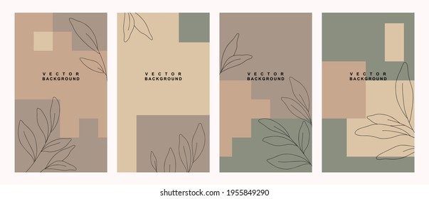 Vector set of abstract backgrounds  with hand drawn minimalistic plant elements, branch and leaves. Perfect for social media stories,wallpaper for invitations, cards, cover,  presentation. 
