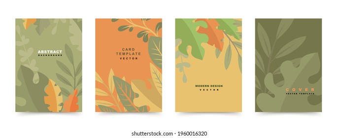Vector set of abstract backgrounds in modern style with tropical leaves and plants.Trendy simple vector illustration for cover design templates,invitation,  posters,flyer,social media stories,banners