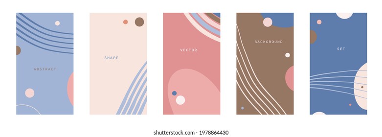 Vector set of abstract backgrounds with oval shapes and lines in pastel colors. Suitable for wallpapers, posters, cover design templates, social media stories.
