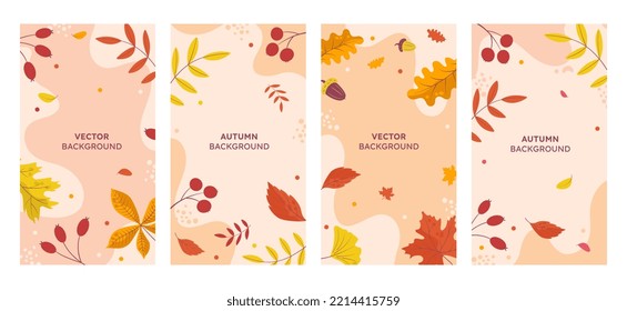 Vector set of abstract backgrounds with a place to copy text - autumn sale - bright stylish banners, posters, cover design templates, stories in social media wallpaper with yellow and orange leaves