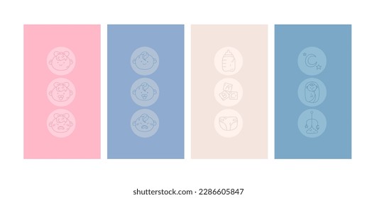 Vector set of abstract backgrounds in simple doodle style. Newborn, baby, motherhood icons. Design for social media, instagram story, website banner. Sleeping baby, bottle, baby mobile, moon stars.