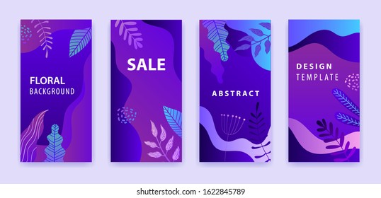 Vector set of abstract backgrounds, stories for social net. Floral wavy sale banners, purple gradient bright vibrant posters, cover design templates, media stories wallpapers with leaves and flowers.