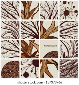 Vector set of abstract backgrounds with tree branches and floral elements. 