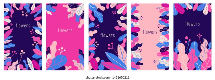 Vector set of abstract backgrounds in trendy flat and linear style with copy space for text, plants, leaves - design concept for banner, greeting card, poster and advertising