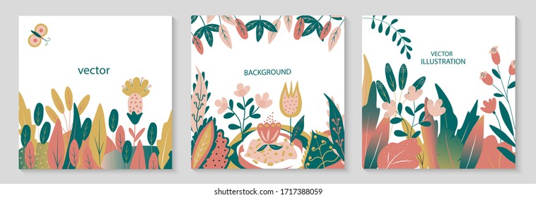 
Vector set of abstract backgrounds. Trendy banners, posters, cover design templates, social media wallpaper stories with spring leaves and flowers.
