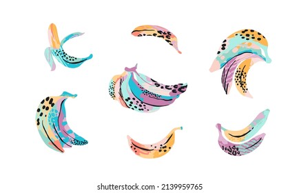 Vector set of abstract bananas. Modern exotic illustrations. Clipart, isolated elements.