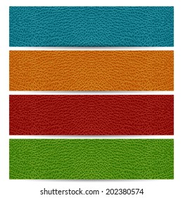 Vector set abstract banner for your design on white isolated background. Collection genuine leather textured sticker red, orange, blue, green. Vector illustration.