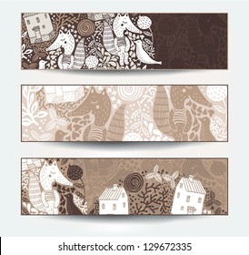 vector set of abstract banners with funny foxes and houses