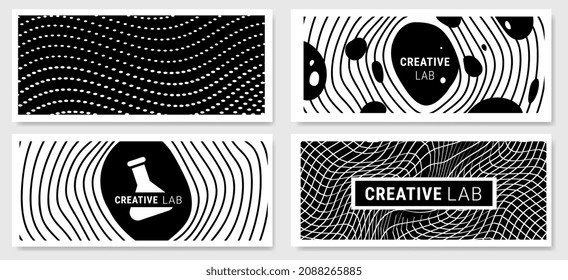 Vector set of abstract black and white horizontal different illustration of line and dot pattern with frame and text, decorative background with flask and spot for banner, poster, print