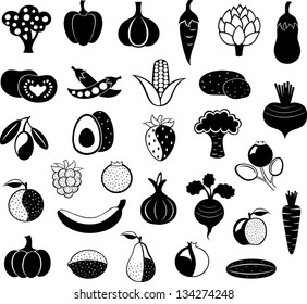 vector set of abstract black-and-white vegetables, fruits and berries