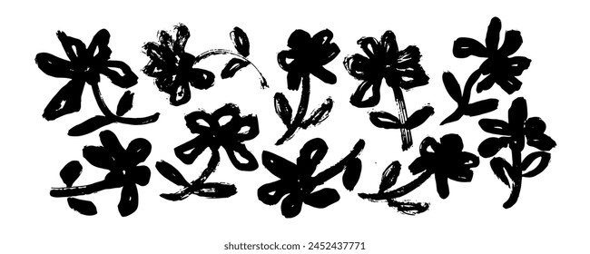 Vector set  abstract blooming flowers. Japanese style grunge flowers black and white texture. Freehand spring blossom natural background. Monochrome creative botanical wallpaper design