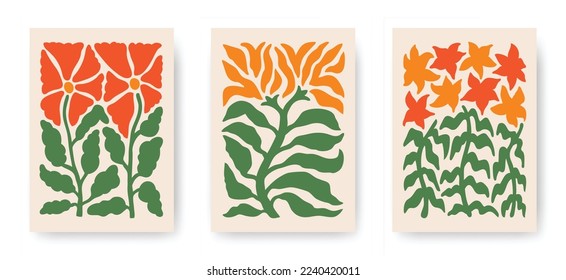 Vector set of abstract blossom flower posters. Trendy minimalistic aesthetic botanical wall arts with floral plants, leafs in hippie and Matisse modern cut out style. Naive groovy funky illustrations