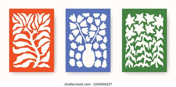Vector set of abstract blossom flower posters. Trendy minimalistic aesthetic botanical wall arts with floral plants, leafs in hippie and Matisse modern cut out style. Naive groovy funky illustrations