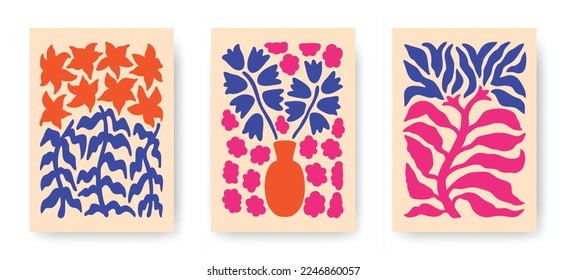 Vector set of abstract blossom flower posters. Trendy minimalistic aesthetic botanical wall arts with floral plants, leafs in hippie and Matisse modern cut out style. Naive groovy funky illustrations