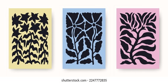 Vector set of abstract blossom flower posters. Trendy minimalistic aesthetic botanical wall arts with floral plants, leafs in hippie and Matisse modern cut out style. Naive groovy funky illustrations