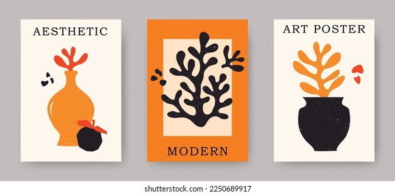 Vector set of abstract blossom flower posters. Trendy minimalistic aesthetic botanical wall arts with floral plants, leafs in hippie and Matisse modern cut out style. Naive groovy funky illustrations