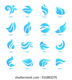 Vector set of abstract blue flow logos, water icons, splash, waves.