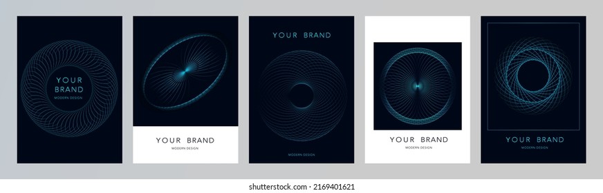 Vector set. Abstract blue green light lines weaving dynamic pattern in circle, eye ball iris shape isolated on dark background. Modern poster concept of music, technology, science, cyber, robot, A.I.