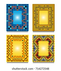 Vector set of abstract blue yellow background with multicolored figures, objects, patterns
