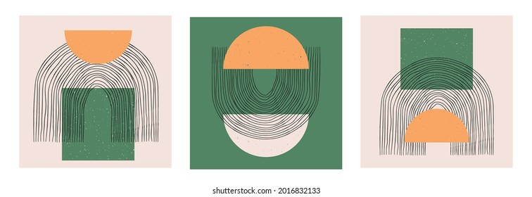 Vector set of abstract boho minimal geometric design posters.  Trendy template creative cards with primitive shape compositions for wall decoration, postcard, brochure, cover, media