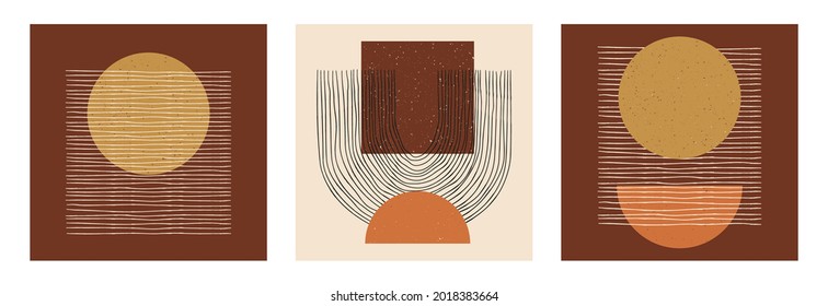Conjunto vectorial de afiches abstractos de diseño geométrico mínimo.  Tarjetas creativas de plantilla de moda con composiciones de formas primitivas para la decoración de paredes, postal, folleto, cubierta, medios