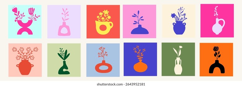 vector set of abstract botanical elements, featuring stylized flower arrangements in various modern vases and jugs. Presented with a vibrant, playful color palette on individual blocks, these minimali