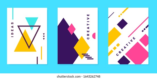 Vector set of abstract bright illustration with different geometric shape on white background in frame. Flat style creative design of abstraction with square, triangle, line and word for poster, print