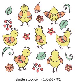Vector set with abstract bright yellow funny hand-drawn chickens, birds, flowers, leaves, berries on a white background