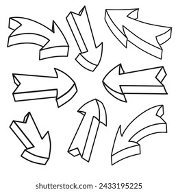 Vector set of abstract business arrows. Hand drawn 3d geometric curved pointers. Isolated bold doodles for design to mark.