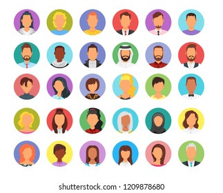 Vector set of abstract business round avatar. Multicultural Male and Female portrait.