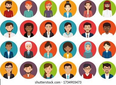 Vector set of abstract business round avatar. Multicultural Male and Female character icon set.