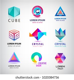 Vector set of abstract business signs, identity ideas. Paper logos, polygonal shiny shapes