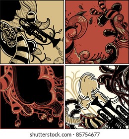 vector set of abstract cards with a trumpeter and music instruments