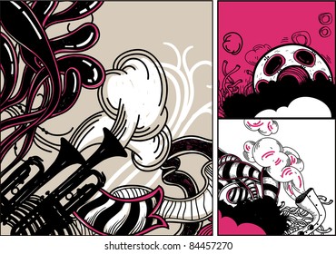 vector set of abstract cards with trumpets,flags and smoking pipes