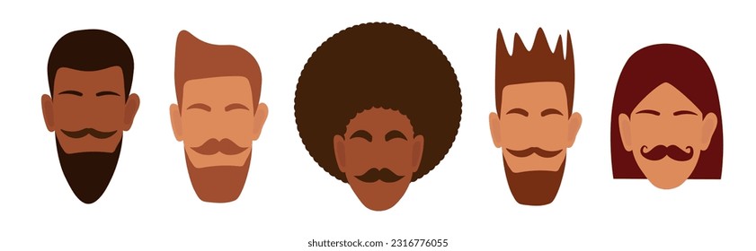 Vector Set of abstract characters of men with different hairstyles, mustaches and beards. Faceless male portraits. Clipart for banner, poster, flyer, greeting card, web design, print design. EPS 10