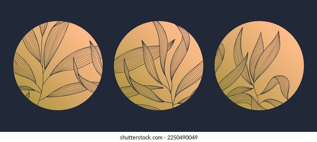 Vector set of abstract circle linear logo, japanese style. Leaves, plants, luxury golden emblem for organic, cosmetics, natural products, tea, flower shop, cosmetics, ecology, health, spa, yoga center