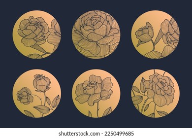 Vector set of abstract circle linear logos, japanese style. Roses, piones, flower badge, luxury golden emblem for perfume, cosmetics, natural products, flower shop, cosmetics, ecology, health, spa