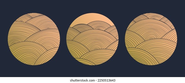 Vector set of abstract circle linear logo, japanese style. Luxury badges,  golden emblems for perfume, cosmetics, natural products, cosmetics, ecology, health, spa, yoga center.