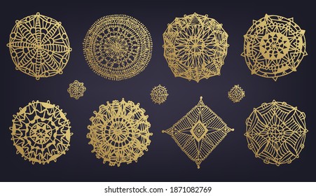 Vector set of abstract circle signs, round decorated ornament logos, design elements isolated. Tribal, boho style patterns, hand drawn doodle