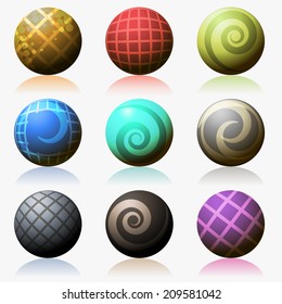 A vector set of abstract color glossy spherical elements with shadows isolated on white