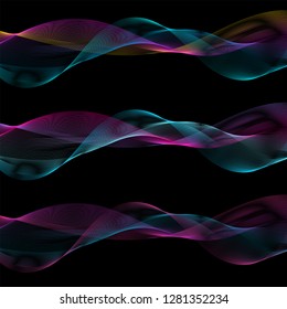 Vector set of abstract color wave. Smoke transparent wavy design. Geometric background.
