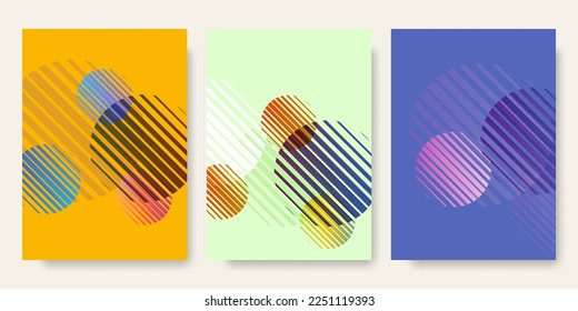 Vector set of abstract colorful backgrounds. Creative booklet collection with spherical geometric shape. Cover template with dynamic spheres from diagonal stripes for social media stories, branding.